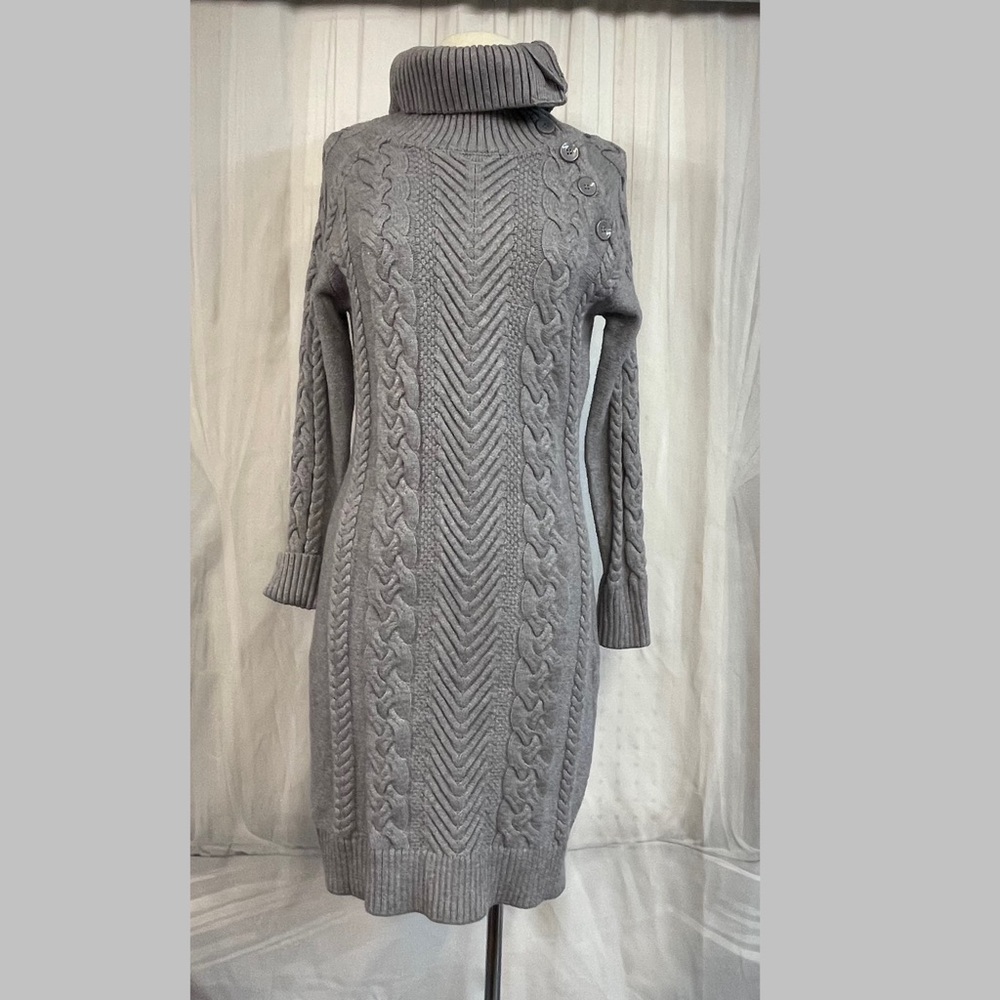 Bargain Cable Gray Turtleneck Sweater Dress